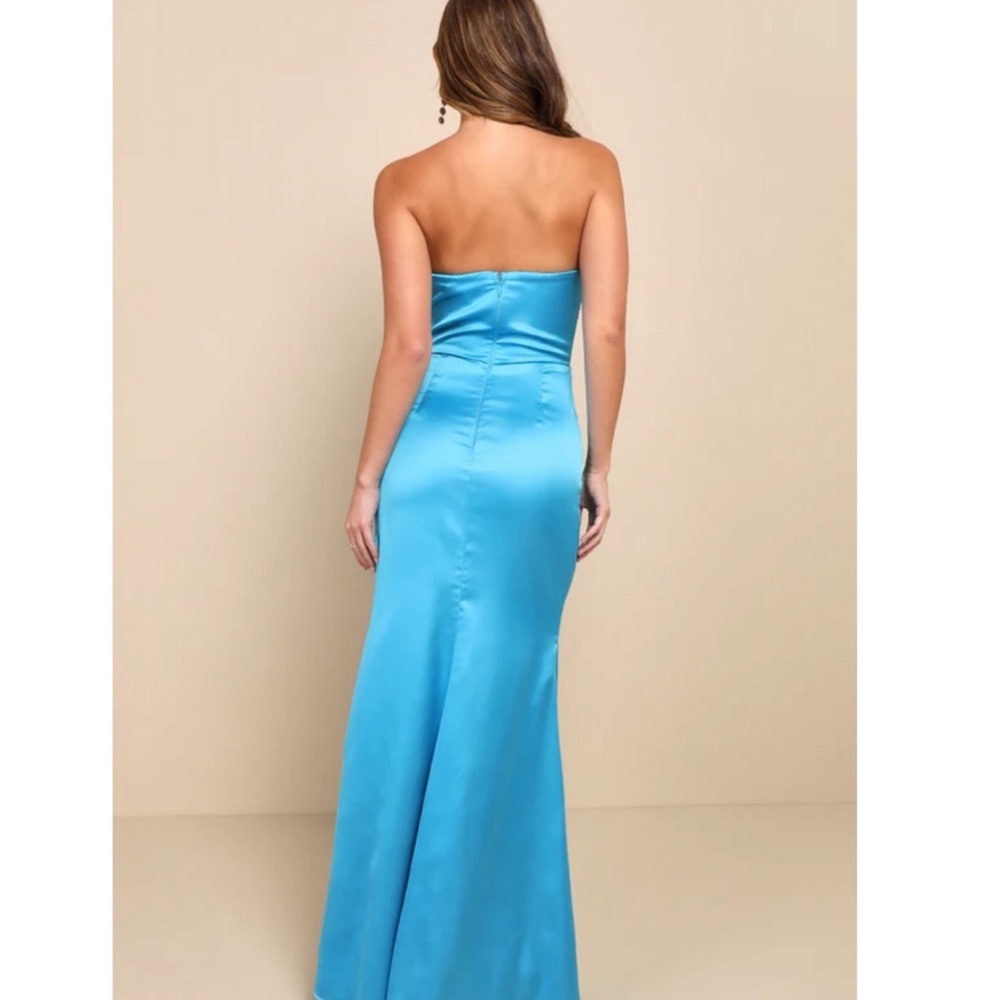 Lulu's Strapless Satin Prom Dress in Bright Aqua Blue - Picture 5 of 8